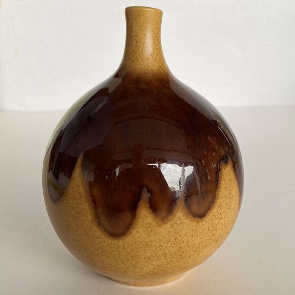 Vintage 1978 Art Studio Drip Glaze Pottery Small Round Bud Vase Boho Earth Tones - Picture 2 of 7
